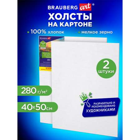 Холст для рисования Brauberg на картоне большой 40x50 см набор 2 штуки