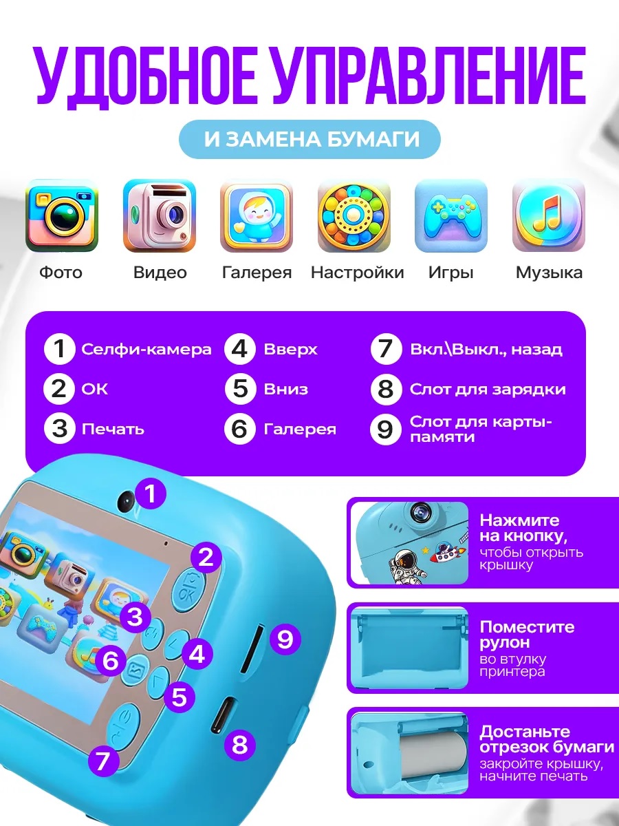 Фотоаппарат с мгновенной печатью ТОТОША Детский с термобумагой голубой - фото 4
