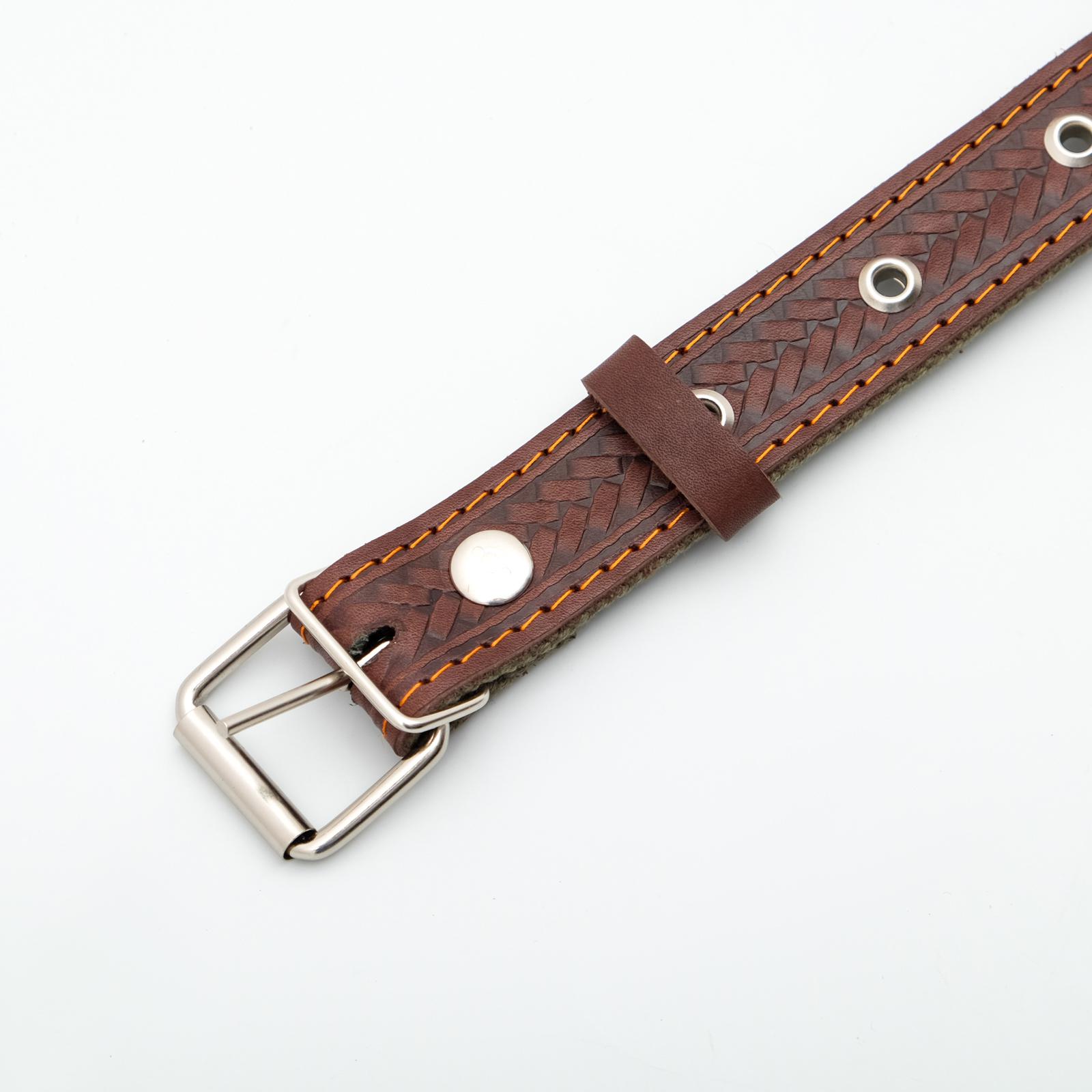 Ошейник Пижон комбинированный безразмерный кожа/брезент 60х3 см ОШ 30-57 см коричневый/зелёный - фото 4