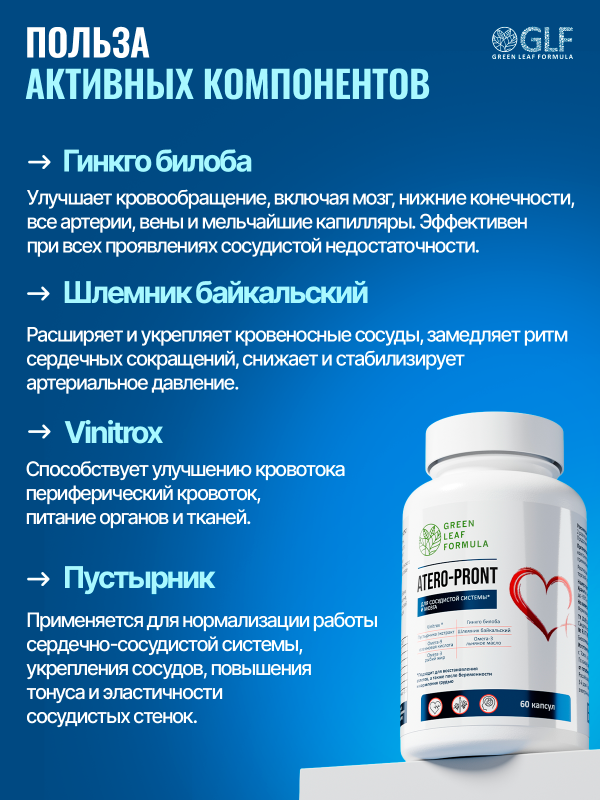 Витамины для сердца и сосудов Green Leaf Formula для мозга и нервной системы для спорта 790 мг 60 капсул - фото 7