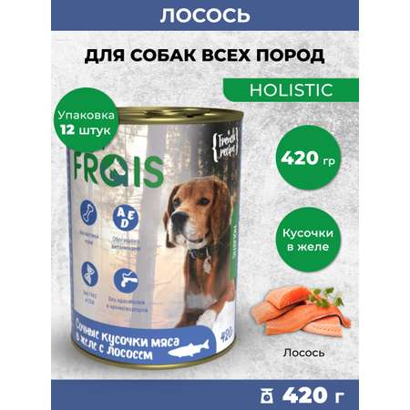 Консервированный корм Frais Влажный Holistic для собак кусочки мяса в желе с лососем 420г х 12шт