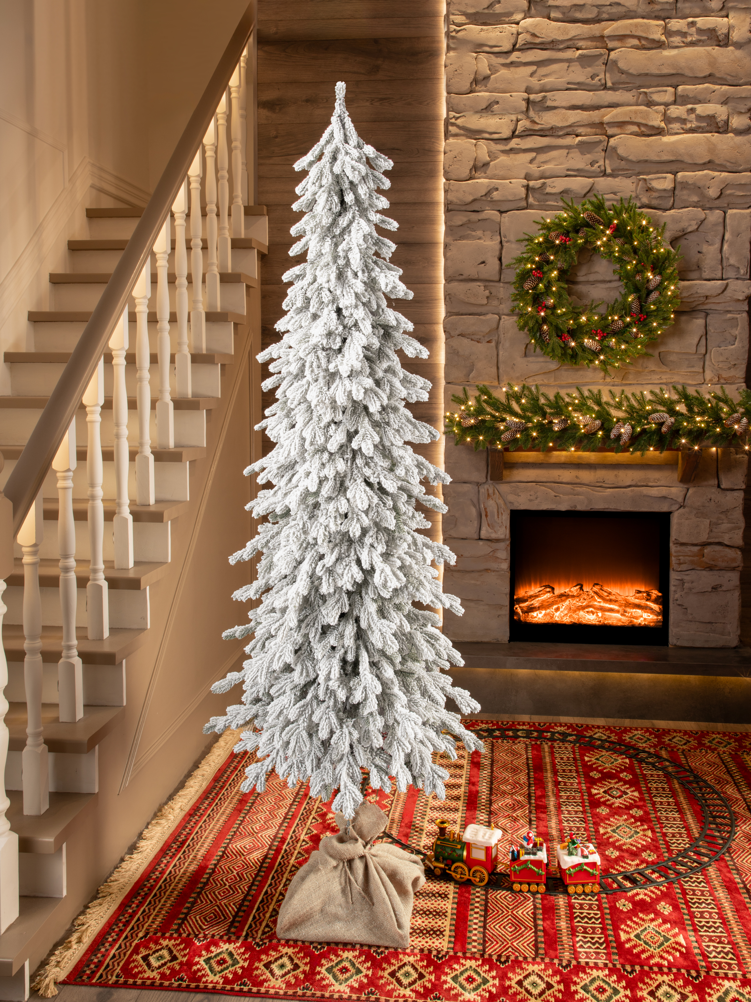 Ель Белоснежка Поезд Ёлок литая заснеженная с гирляндой на высокой ножке 210см. - фото 5