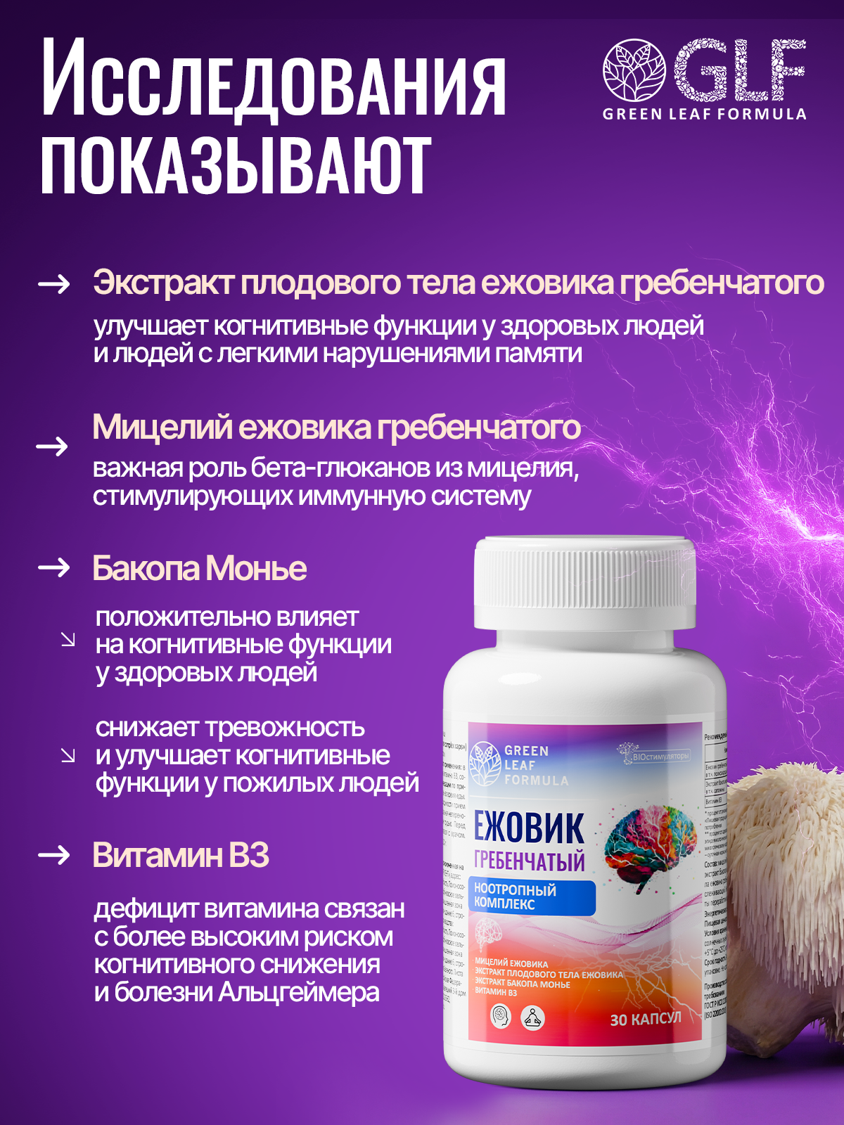 Ноотроп комплекс ежовик гребенчатый Green Leaf Formula витаминный комплекс для мозга памяти - фото 8