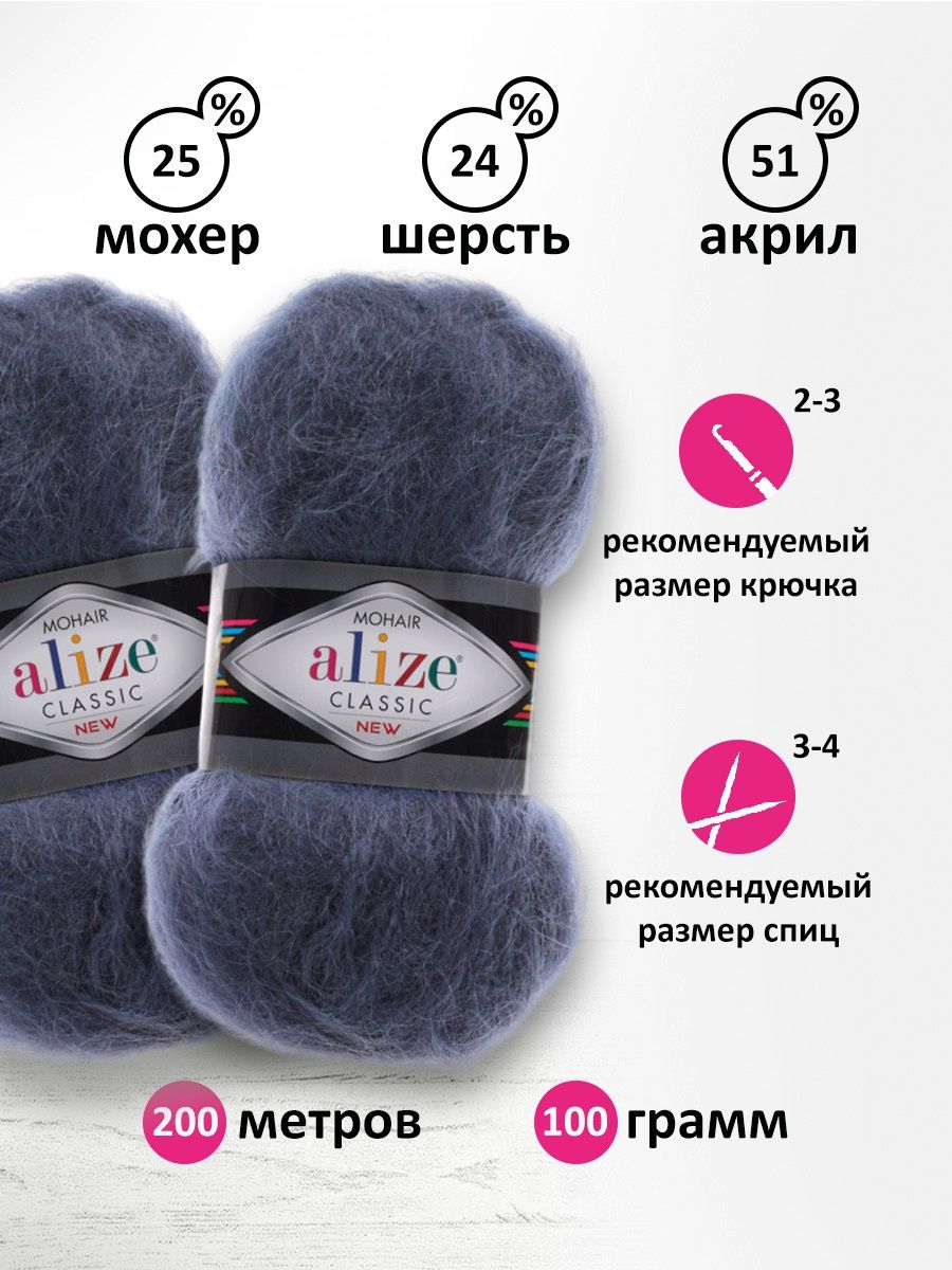 Пряжа Alize полушерстяная Mohair classic new 100 гр 200 м 5 мотков 411 джинс меланж - фото 3
