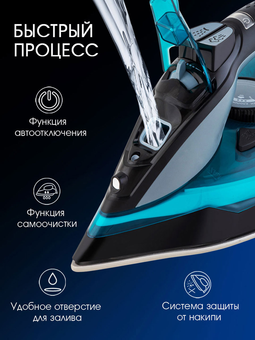 Утюг электрический ENDEVER Dеlta-234 2400 Вт керамическая подошва черный/лазурно-синий - фото 3