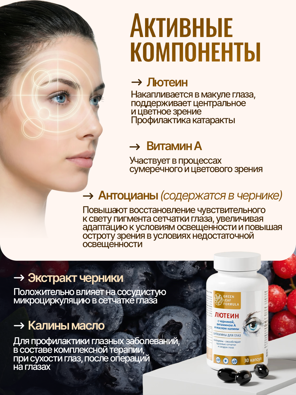 Лютеин комплекс для глаз Green Leaf Formula витамины для зрения черника с витамином А масло калины - фото 3