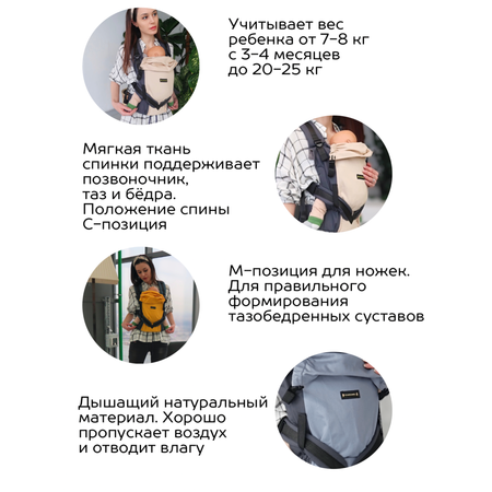 Рюкзак для переноски детей CaramelSling эргорюкзак Multisize Plus бежевый-серый