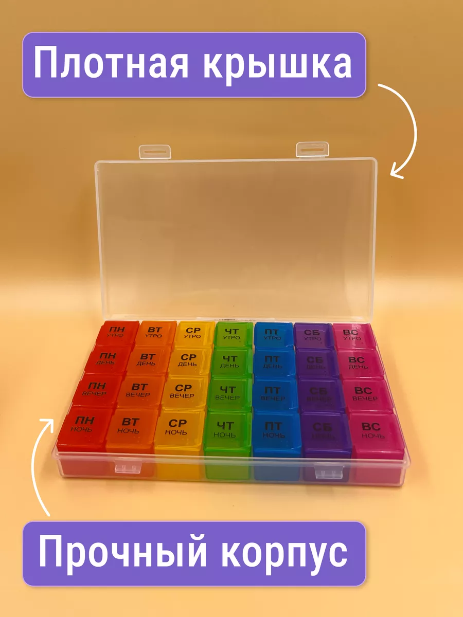 Таблетница на неделю AXLER 4 приема, бокс для лекарств контейнер для таблеток кейс органайзер для витаминов - фото 5