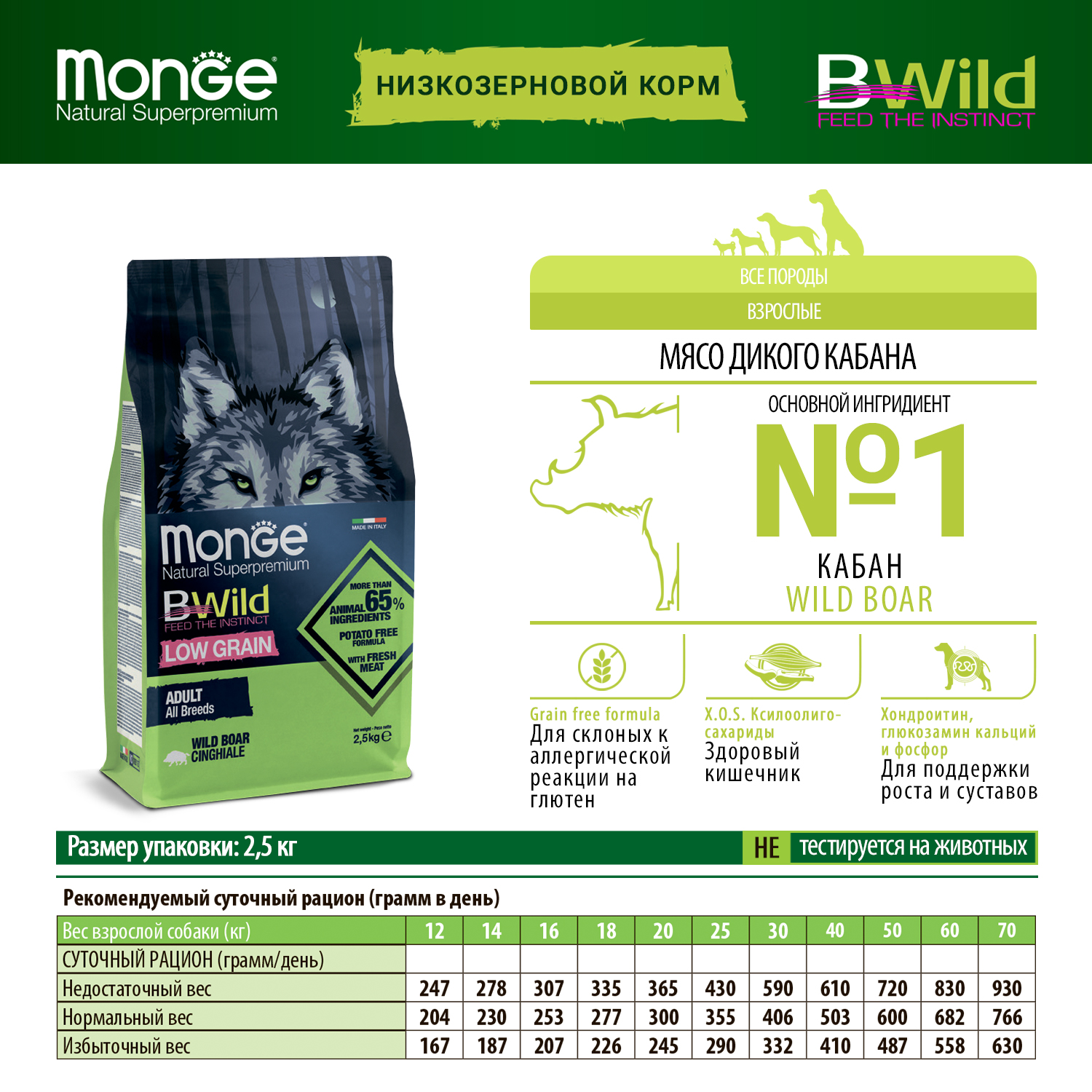 Корм для собак MONGE Dog BWild Low Grain всех пород низкозерновой из мяса дикого кабана 2.5кг - фото 5