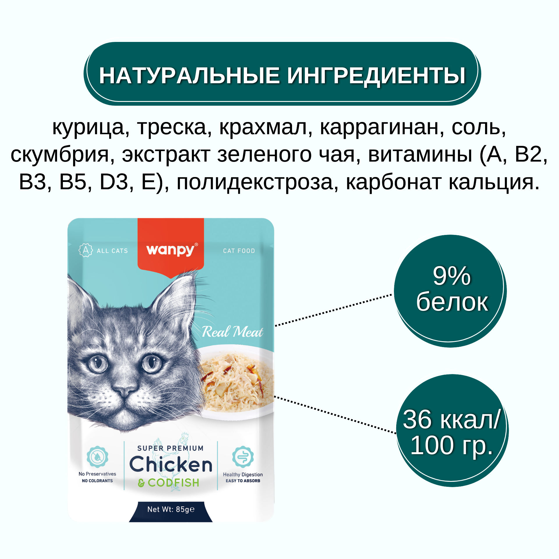 Корм для кошек Wanpy Cat 85г из курицы и трески пауч - фото 3