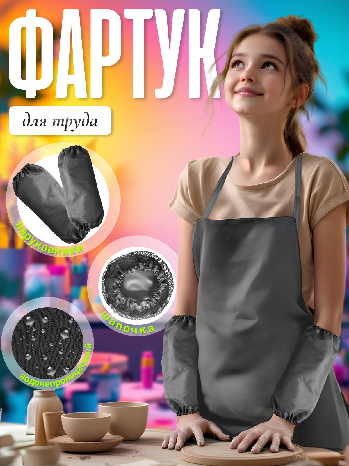 Изображение товара Фартук AXLER с шапочкой и нарукавниками серый — для детей 140-160 см