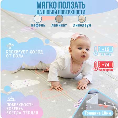 Детский коврик MIKMEL складной игровой развивающий двусторонний для ползания 150х200х1 см Облачка/Зоопарк