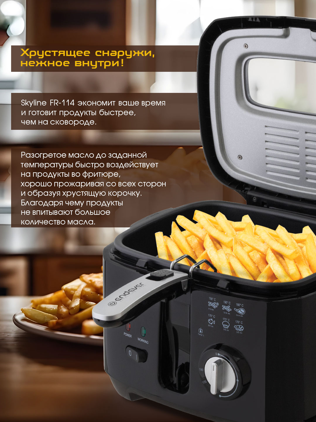 Фритюрница ENDEVER Skyline FR-114 2000 Вт 5 л съемная чаша черный/стальной - фото 3