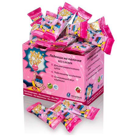 Леденцы на палочке miradent Xylipop без сахара со вкусом клубники 50шт.