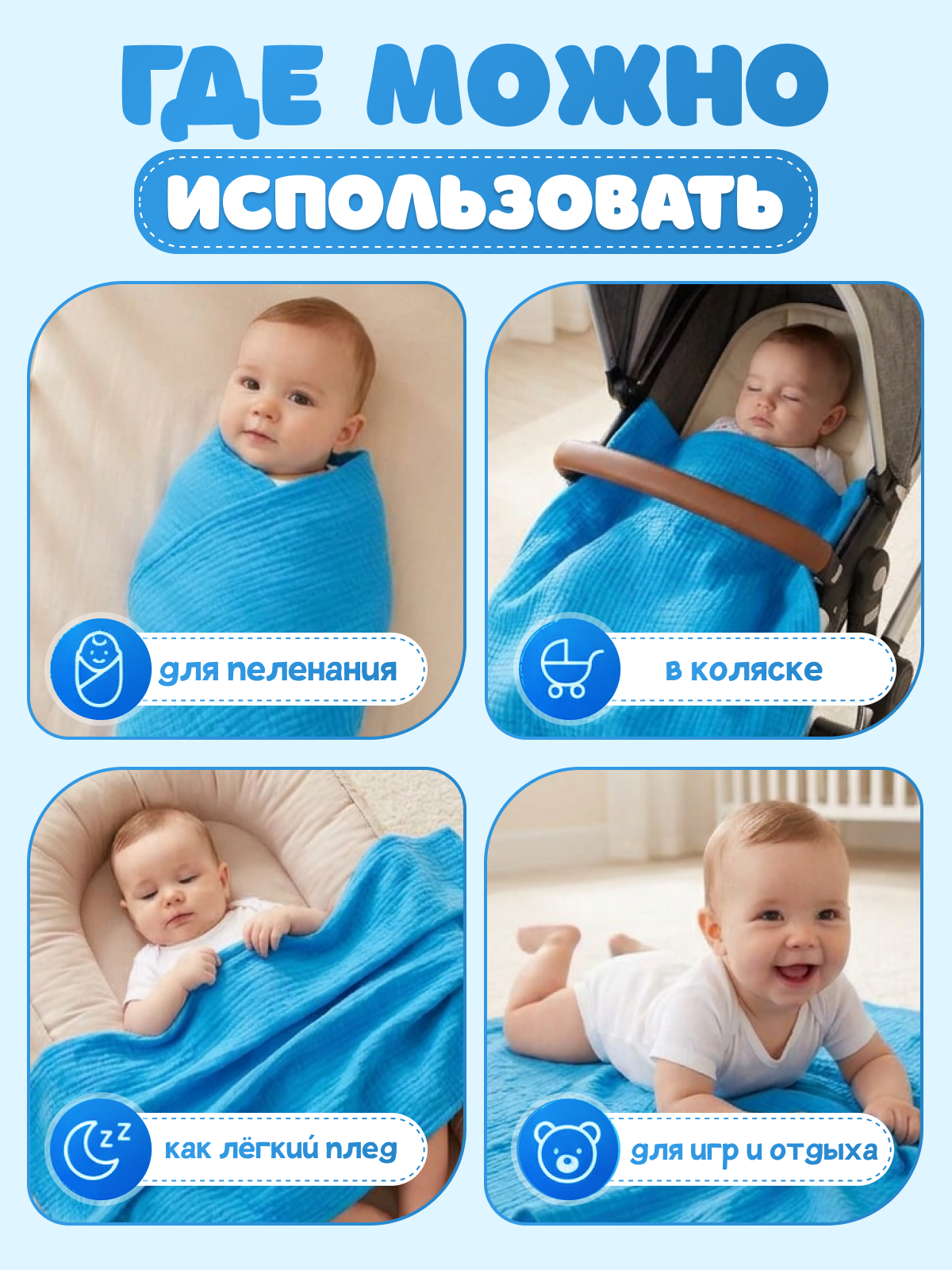 Пелёнка Loo-Loo голубой муслин 100х135 см 1 шт. - фото 2