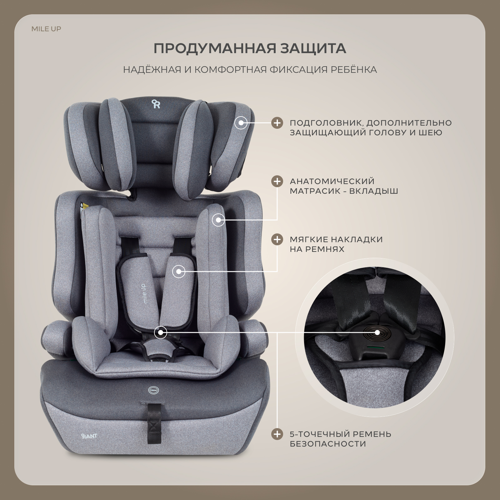 Автокресло Rant Basic Mile UP 1/2/3 (9-36 кг) серый - фото 3
