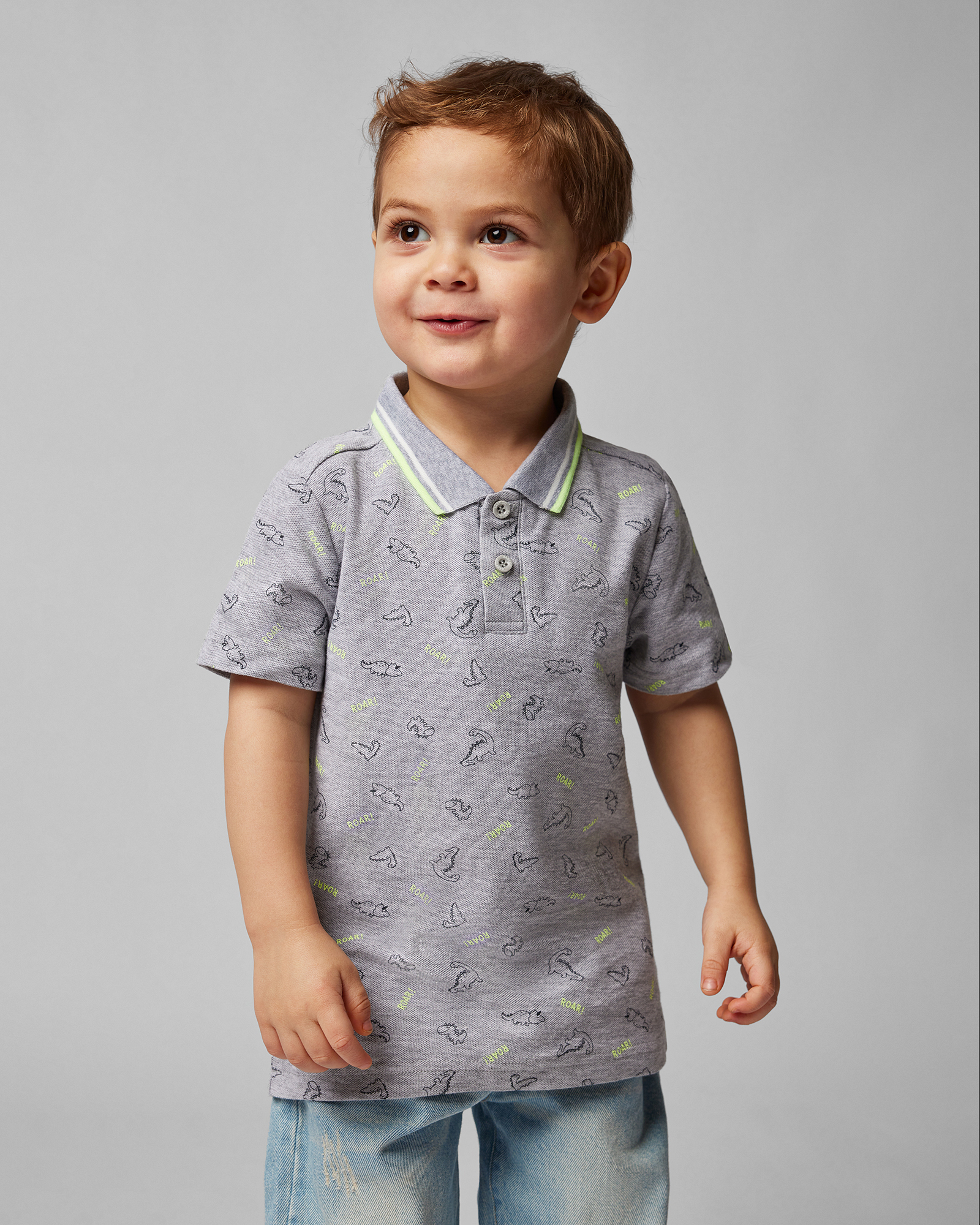Изображение товара Поло BabyGo Серое с динозаврами Автоматический хлопок 86