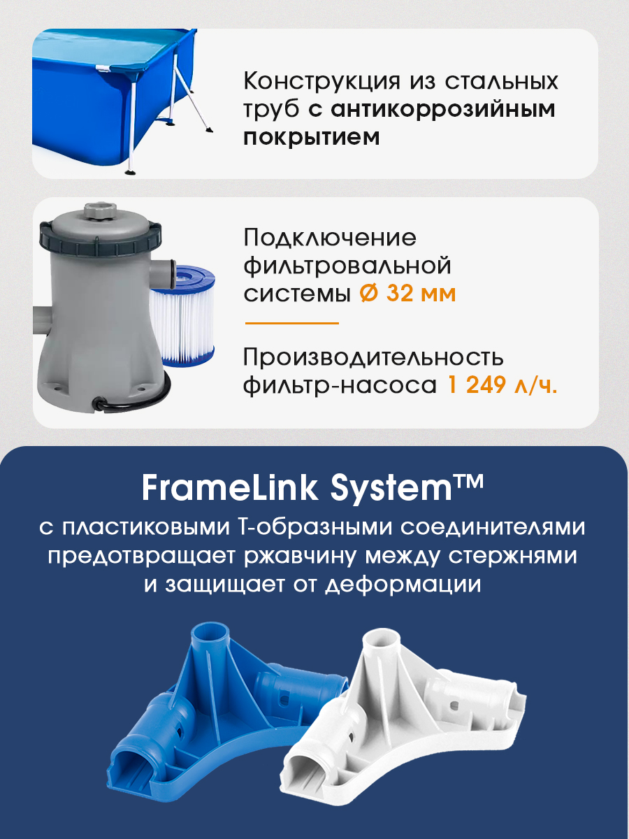 Бассейн Bestway Каркасный прямоугольный / 300х201х66 см, / В комплекте фильтр-насос - фото 4