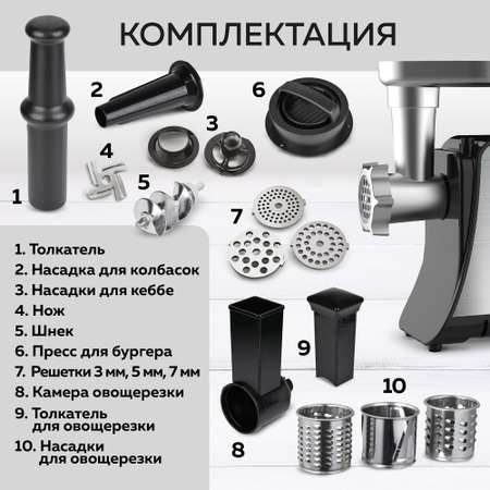 Мясорубка электрическая GFGRIL GF-MG20 2 в 1 с овощерезкой и прессом для бургеров