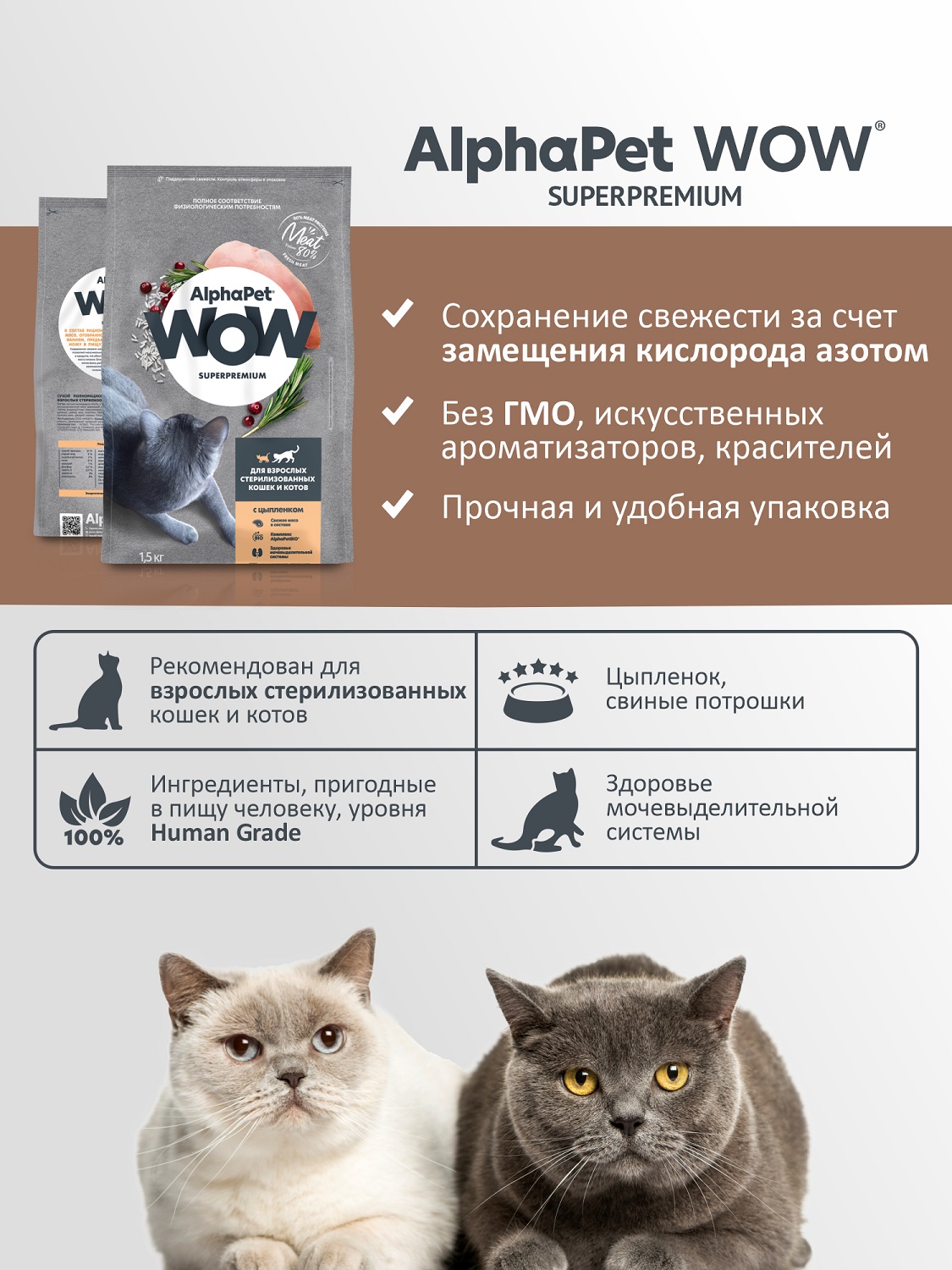 Корм для кошек AlphaPet WOW superpremium взрослых стерилизованных c цыпленком 1.5кг - фото 3