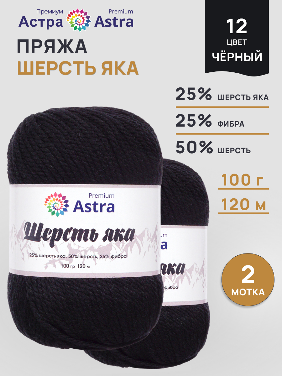Пряжа Astra Premium Шерсть яка Yak wool теплая мягкая 100 г 120 м 12 черный 2 мотка - фото 1