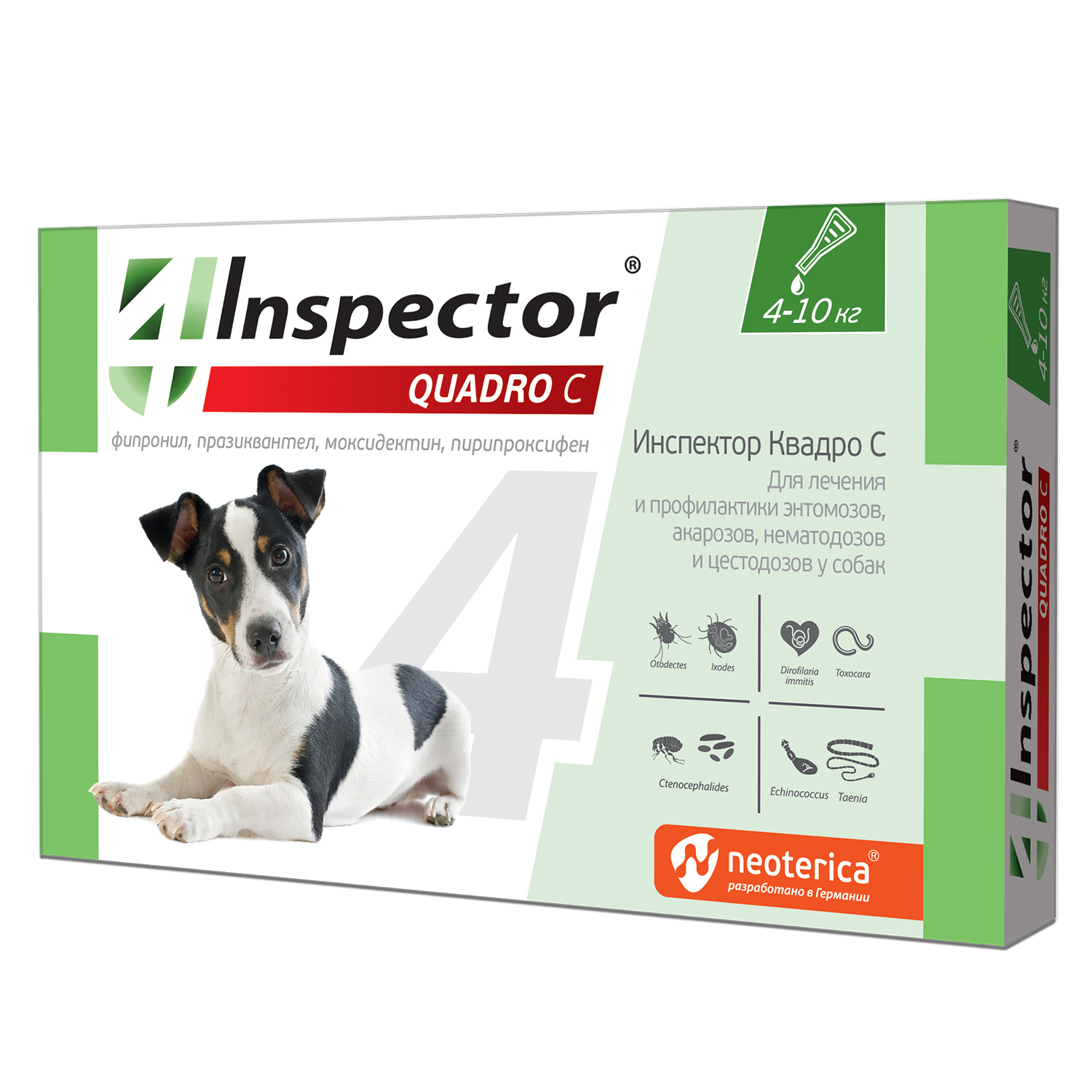 Капли от клещей блох и глистов для собак Inspector Quadro 4-10кг 1мл - фото 1