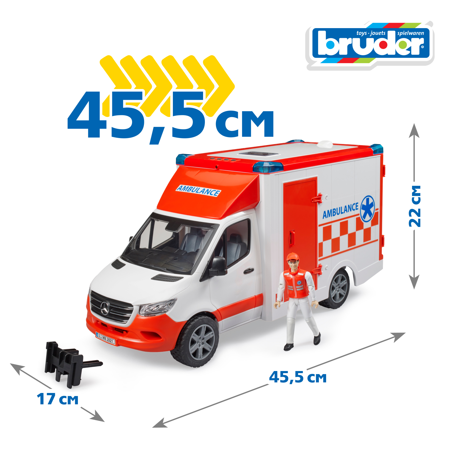 Скорая помощь Bruder Mercedes (свет,звук) с фигуркой 1:16 02-676 - фото 2