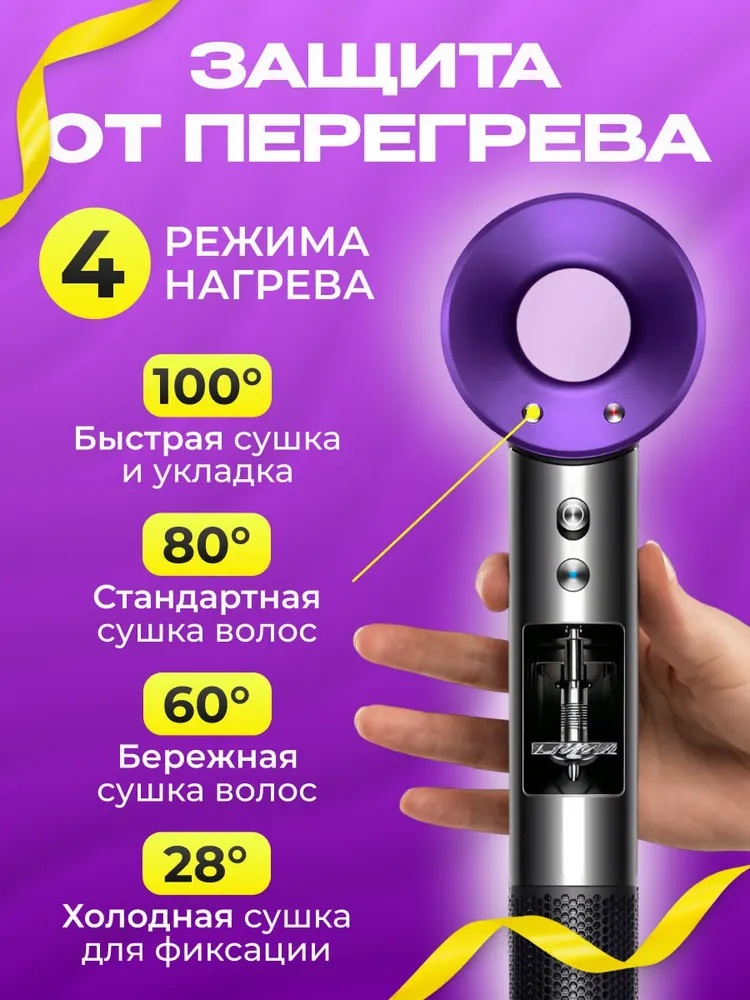 Фен с 5 магнитными насадками CASTLELADY с ионизацией 1600 BT шнур 1,8 метра фиолетовый - фото 10