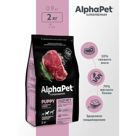 Корм для щенков/беременных AlphaPet и кормящих собак средних пород Superpremium сухой с говядиной и рисом 2кг