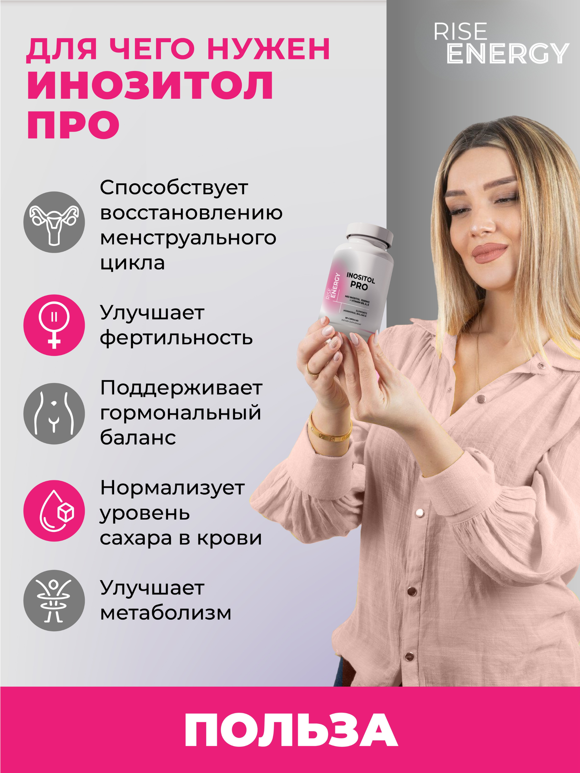 Инозитол Rise Energy с фолиевой кислотой для женщин 60 капсул - фото 2