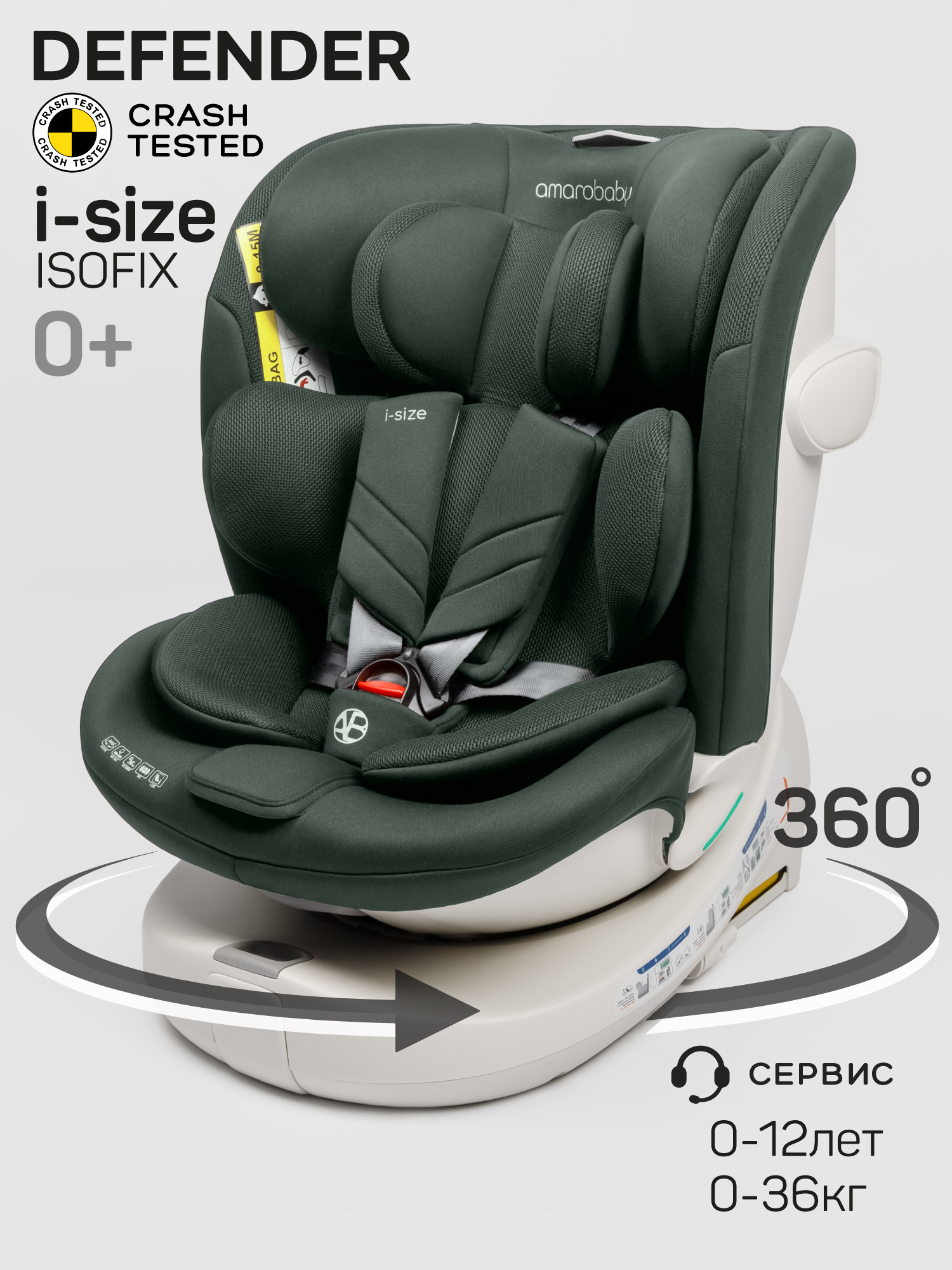 Автокресло Amarobaby Defender Isofix 0+/1/2/3 (0-36 кг) зеленый - фото 1