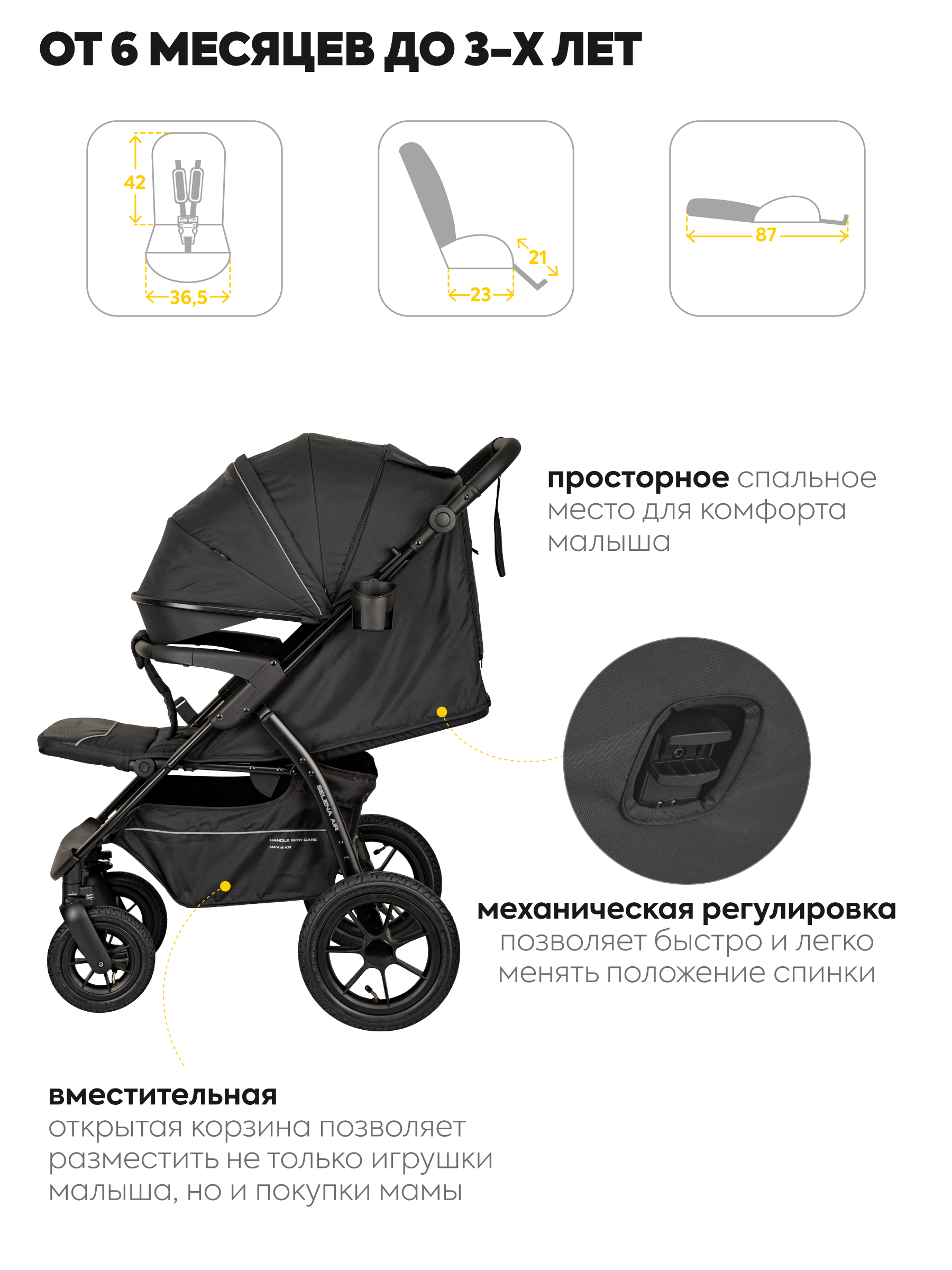 Коляска прогулочная JOVOLA SELENA Air 25 с сумкой черный - фото 4