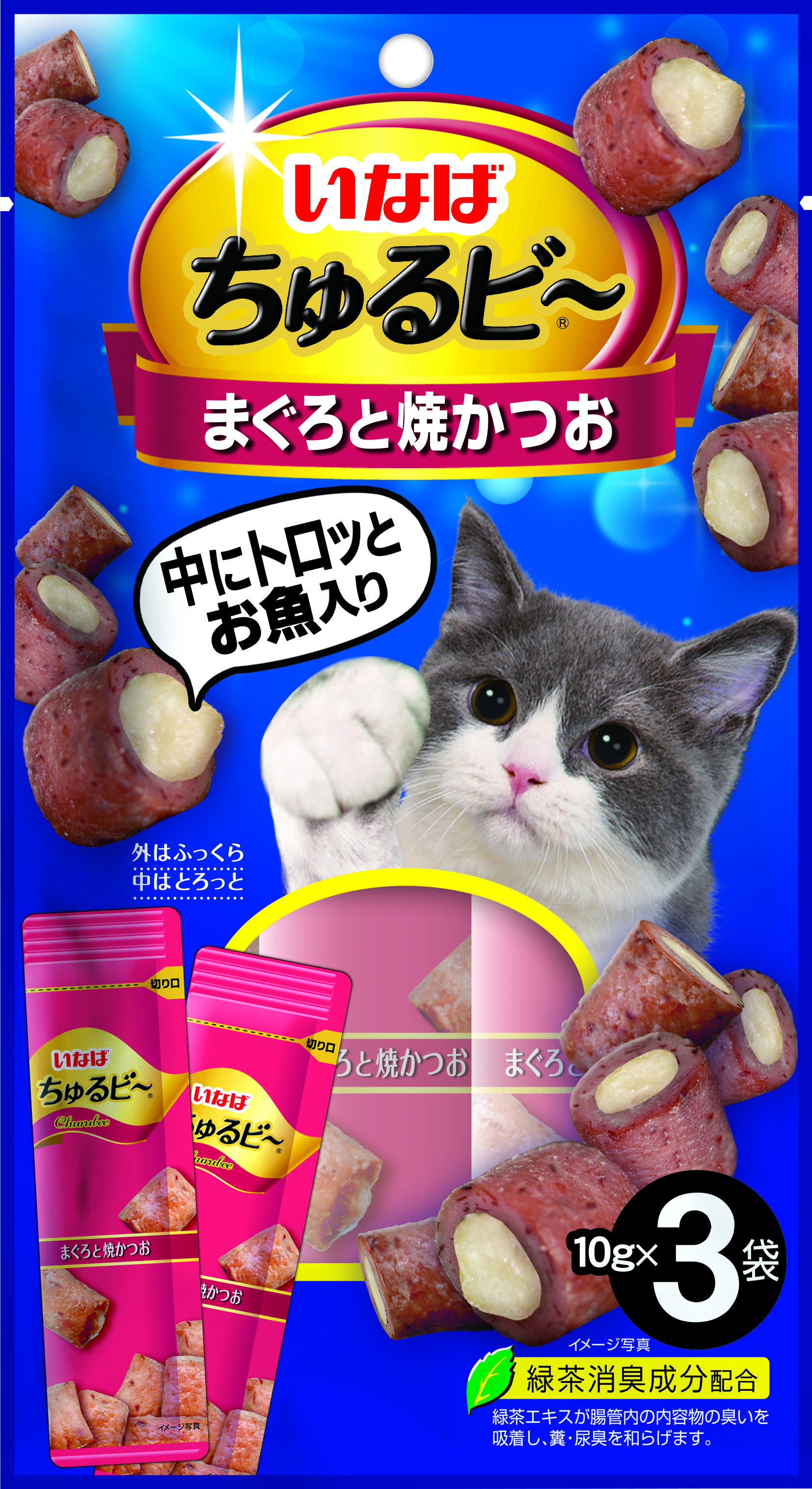 Изображение товара Лакомство для кошек INABA Churu Bee 10г 3шт трубочки тунец магуро и запеченный тунец кацуо