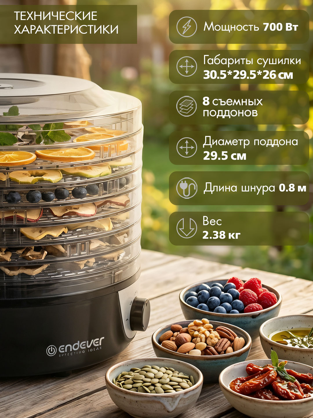 Сушилка для овощей и фруктов ENDEVER Skyline FD-66 700 Вт 8 поддонов 35–70°C - фото 3