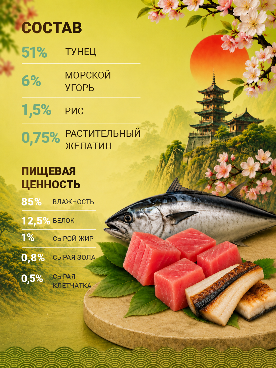 Корм для кошек влажный Prime ASIA Тунец с морским угрём в желе жб 85г 12 шт. - фото 6