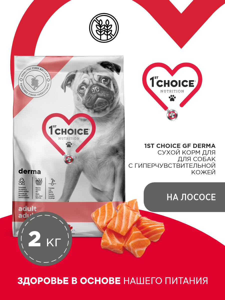Корм сухой 1st Choice Grain Free Derma для гиперчувствительной кожи для собак на лососе 2кг - фото 1