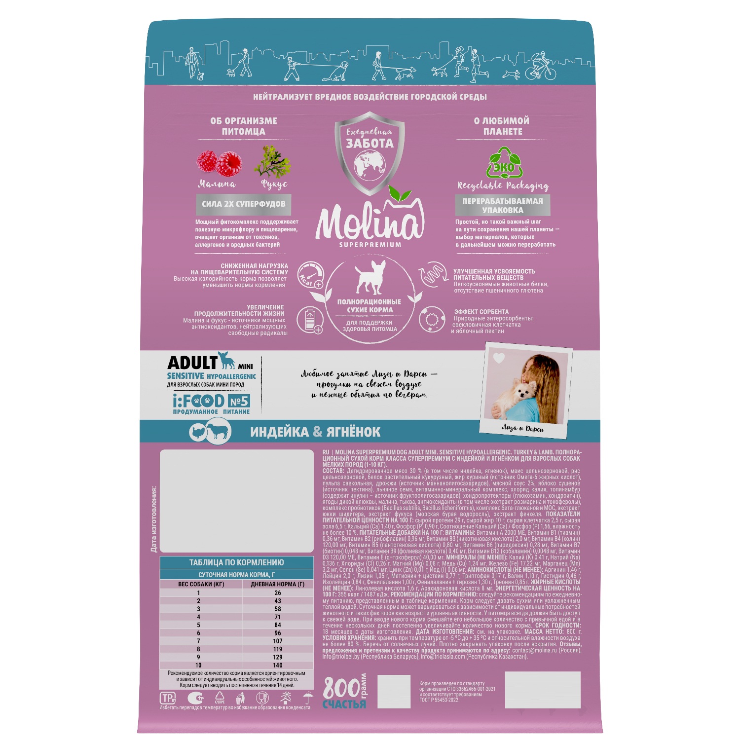 Корм для взрослых собак мелких пород Molina Adult mini sensitive сухой с индейкой и ягненком 0.8кг - фото 4