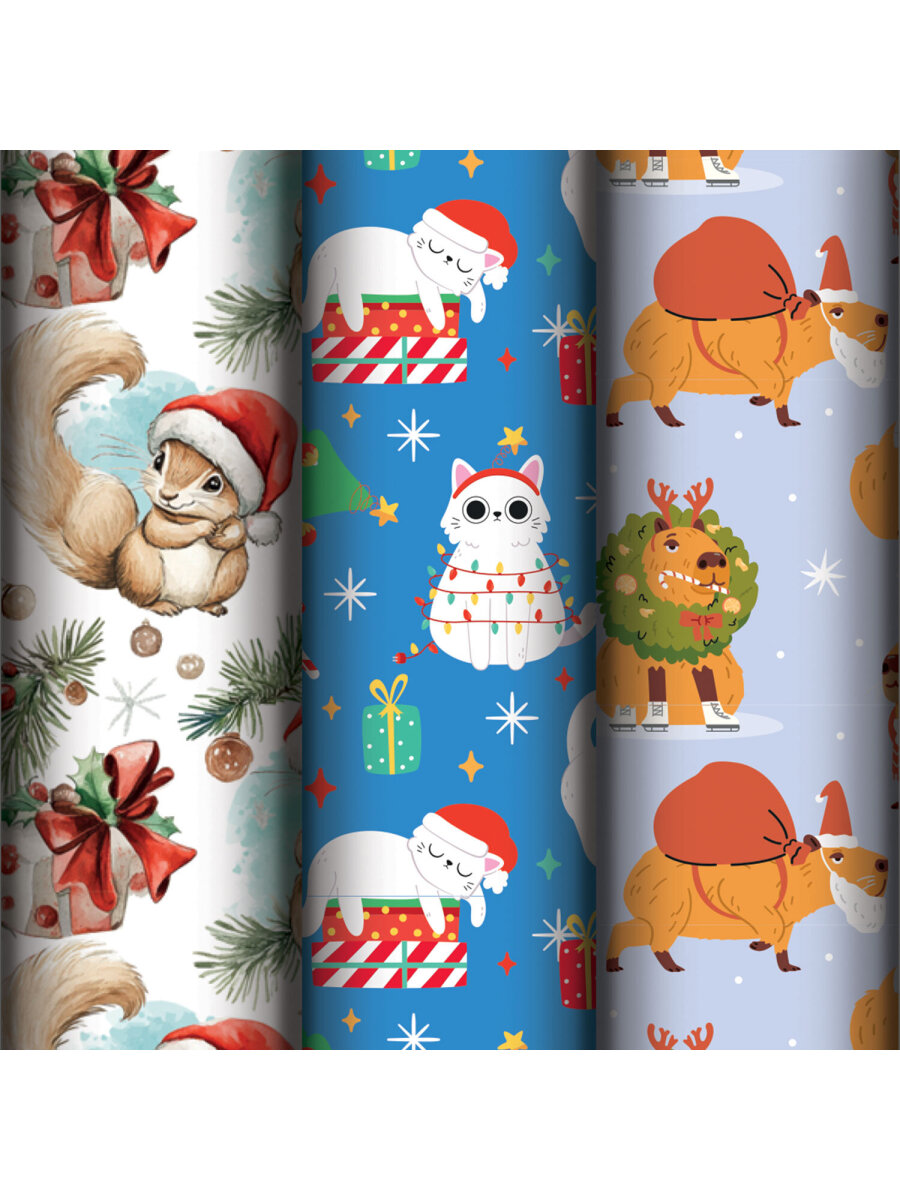 Упаковочная бумага Золотая сказка для новогодних подарков в рулоне набор 3 штуки - фото 1