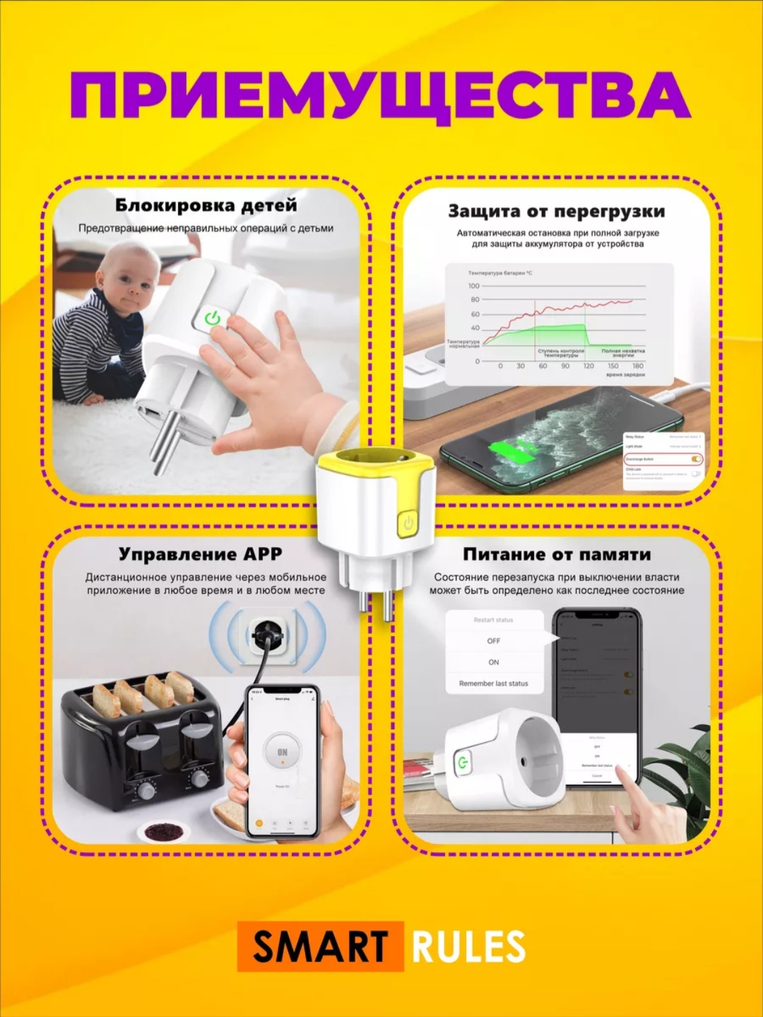 Умная розетка CatchNgo беспроводная WiFi 20А Желтый - фото 11