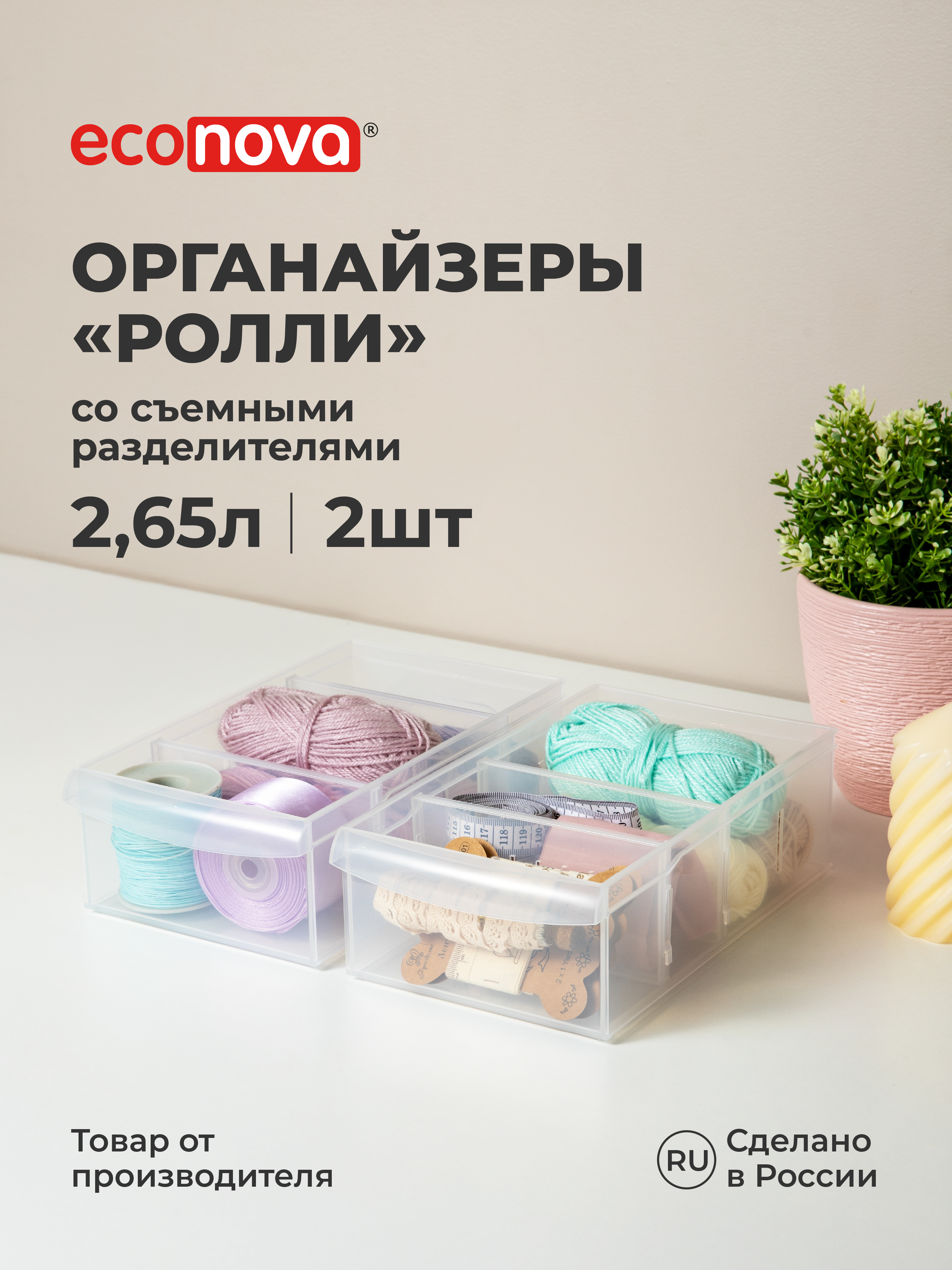 Набор органайзеров РОЛЛИ Econova 2,65л, 15*26,6*8,7см, 2шт., бесцветный - фото 1