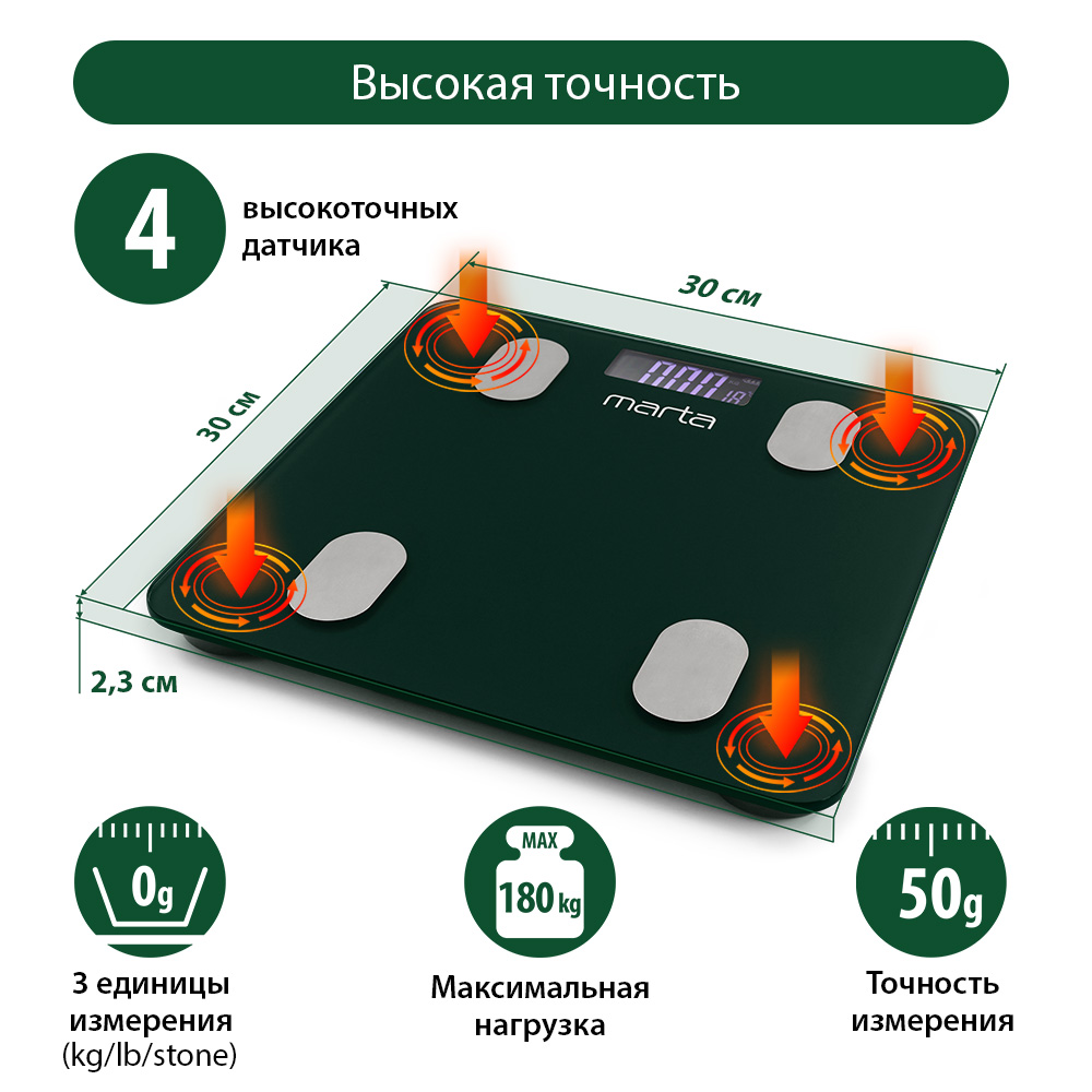 Весы напольные MARTA MT-1607 LCD диагностические умные с Bluetooth темный хризолит - фото 3