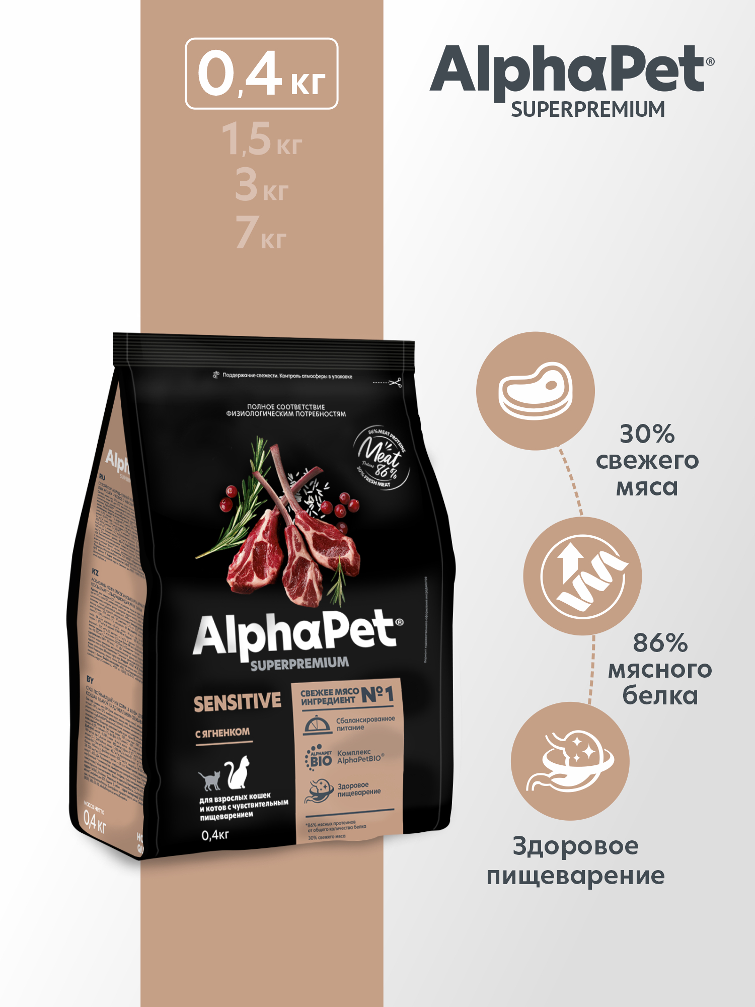 Сухой полнорационный корм AlphaPet с ягненком для взрослых кошек и котов с чувствительным пищеварением 0,4 кг - фото 1