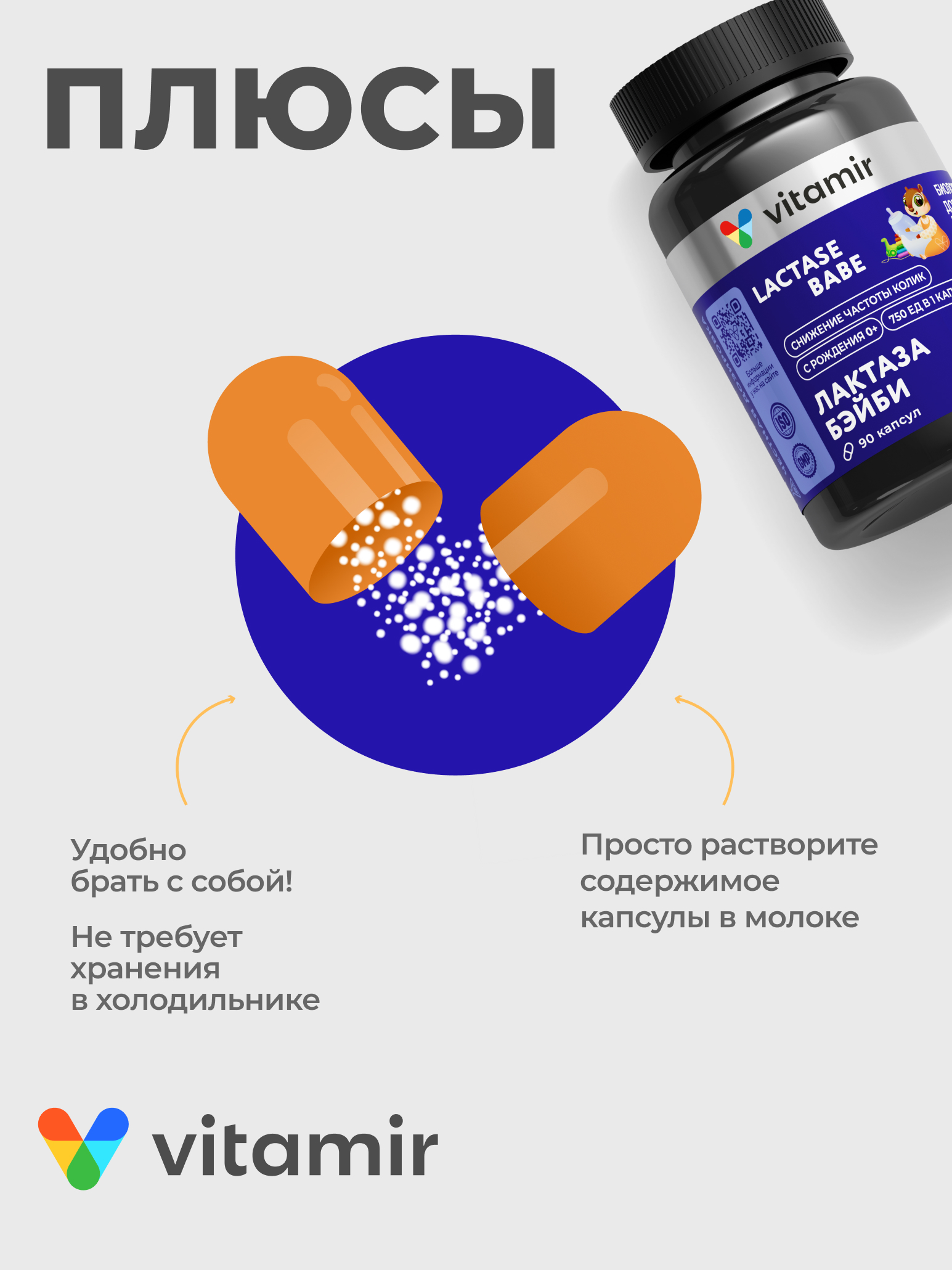 Лактаза Бэби VITAMIR Лактаза для пищеварения с первых дней жизни, 90 капсул - фото 3