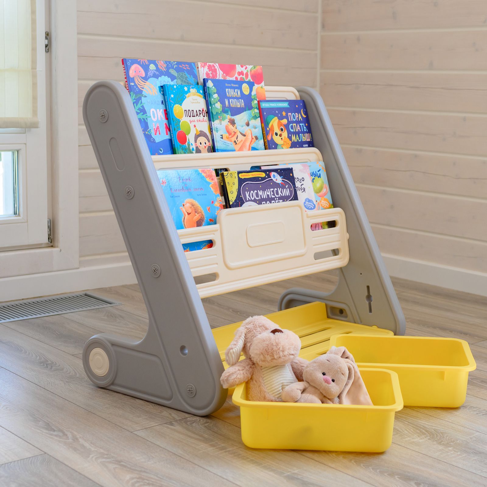 Стеллаж для книг UNIX Kids Yellow для хранения игрушек детский из пластика 2 полки + 2 ящика - фото 14