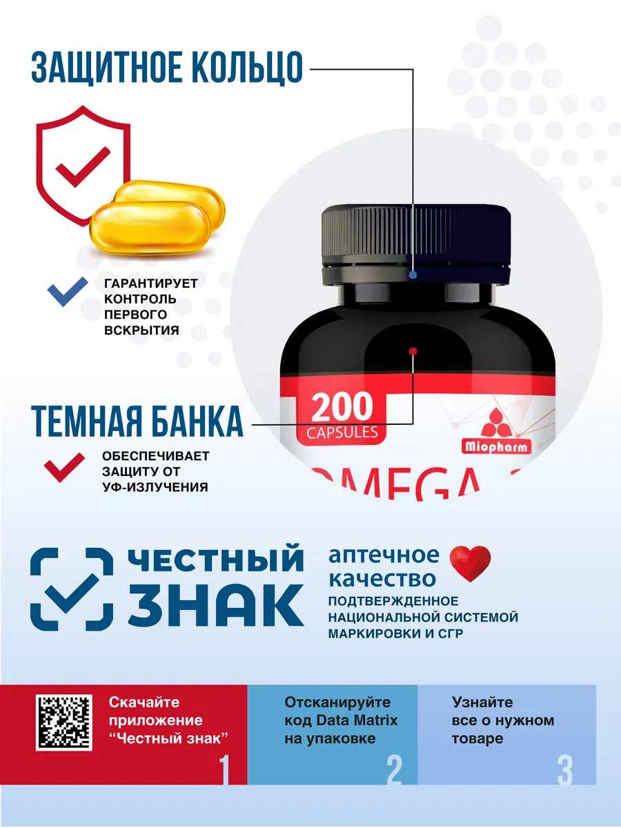 Омега 3 + Витамин Е рыбий жир Миофарм для сердца и сосудов 200 капсул - фото 7