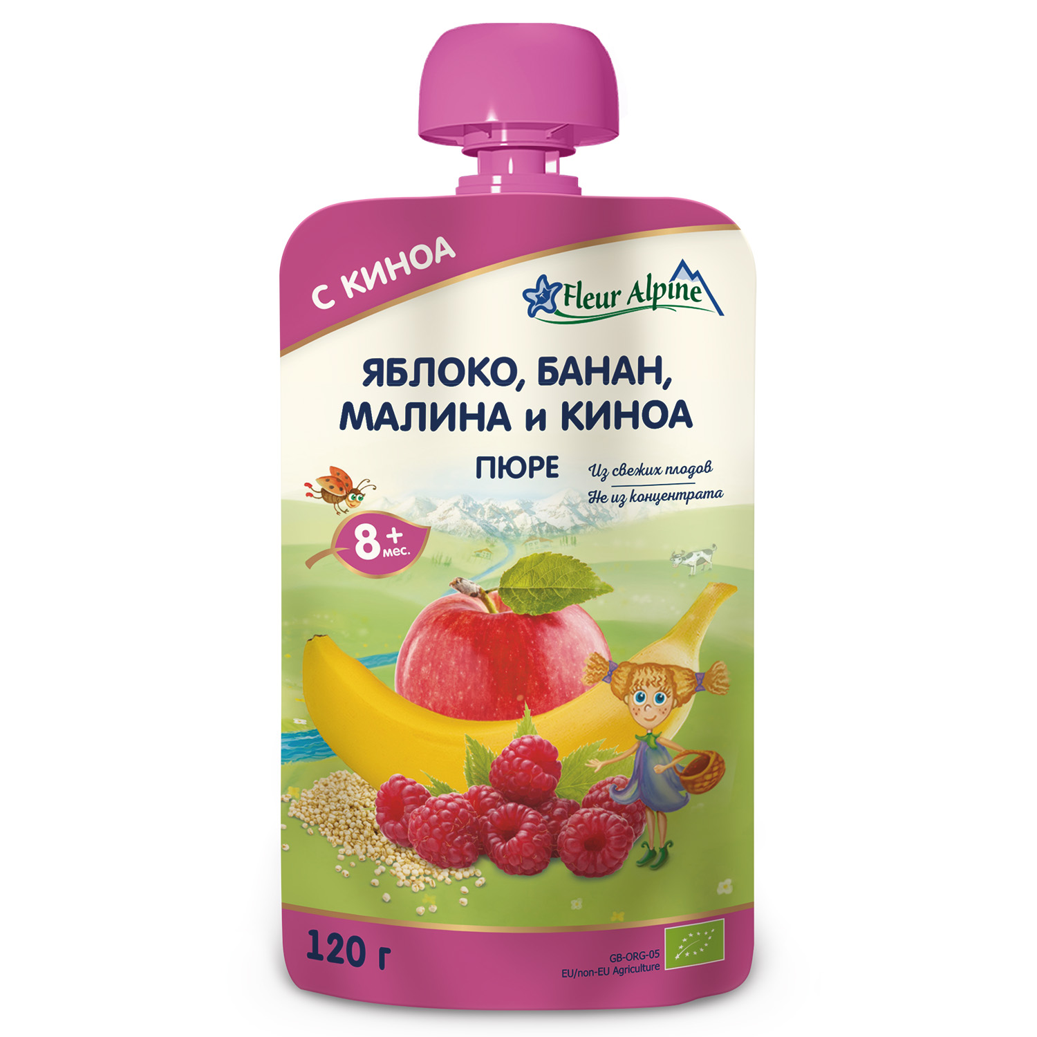 Пюре Fleur Alpine Яблоко-банан-малина-киноа с 8 мес 120 г - фото 1