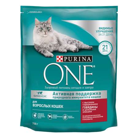 Корм для кошек Purina One с высоким содержанием говядины и цельными злаками сухой 750г