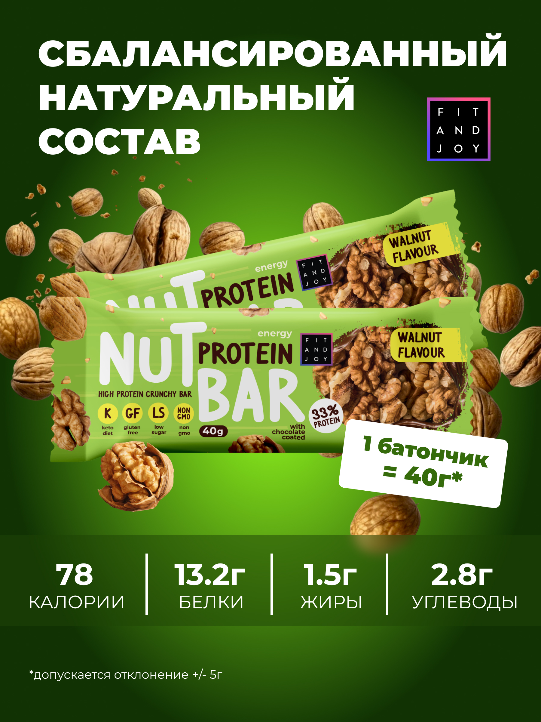 Ореховый протеиновый батончик FIT AND JOY Грецкий орех 16шт * 40гр - фото 4