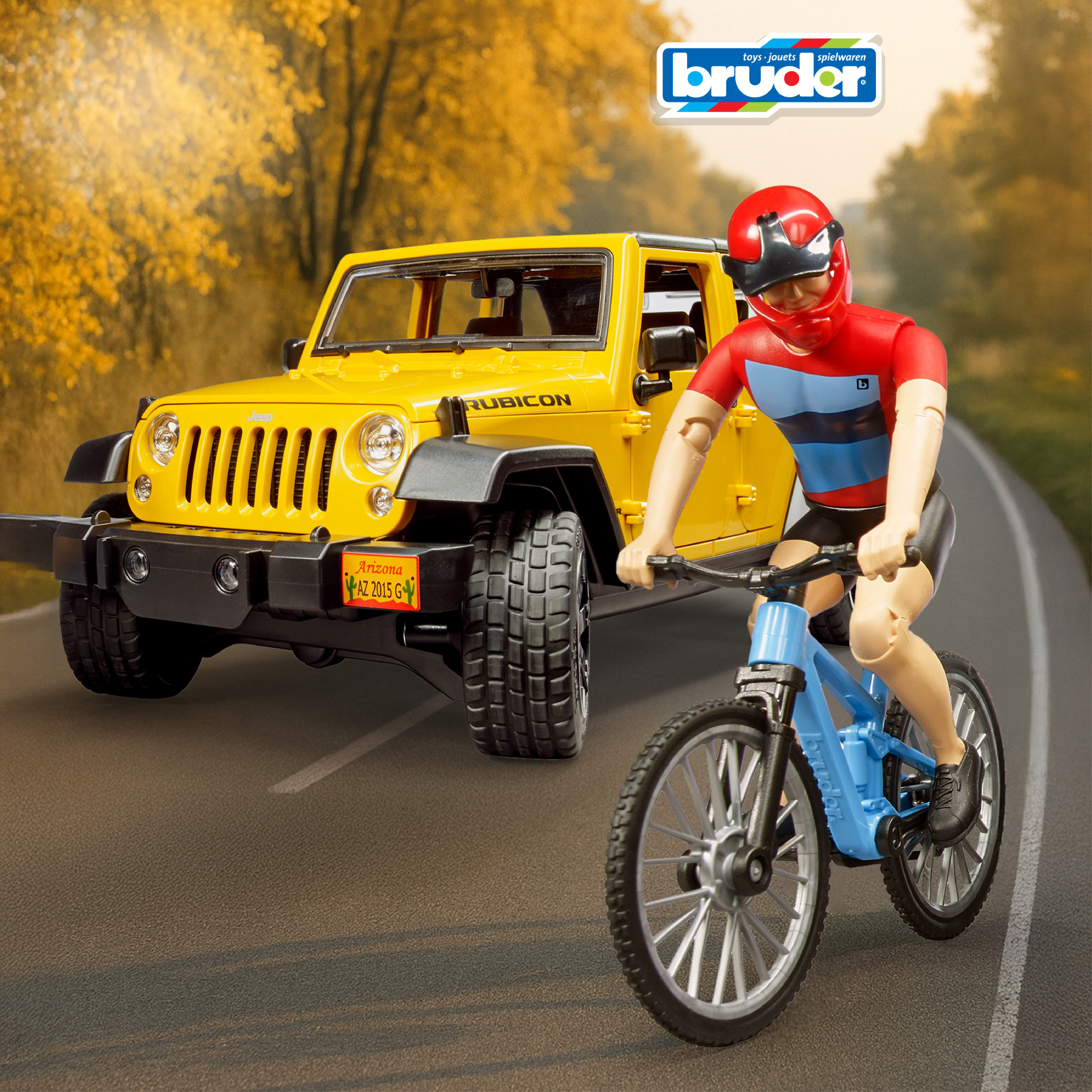 Внедорожник Bruder Jeep c велосипедом и фигуркой 1:16 желтый 02-543 - фото 1
