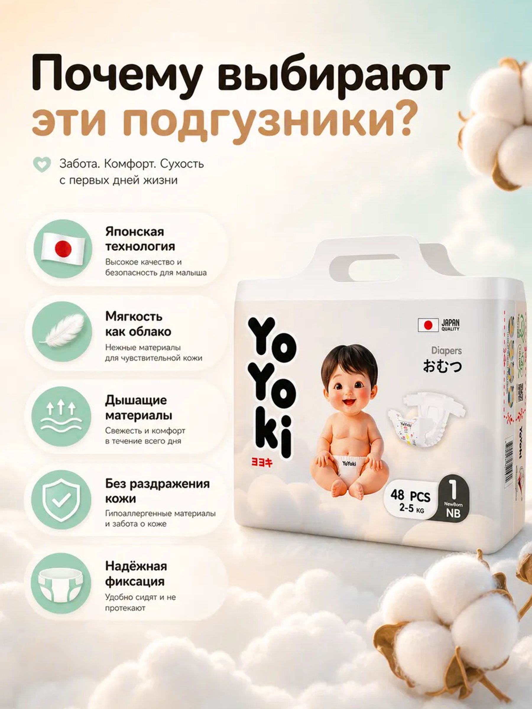 Подгузники Yoyoki 1 (2-5 кг) 48 шт. - фото 6